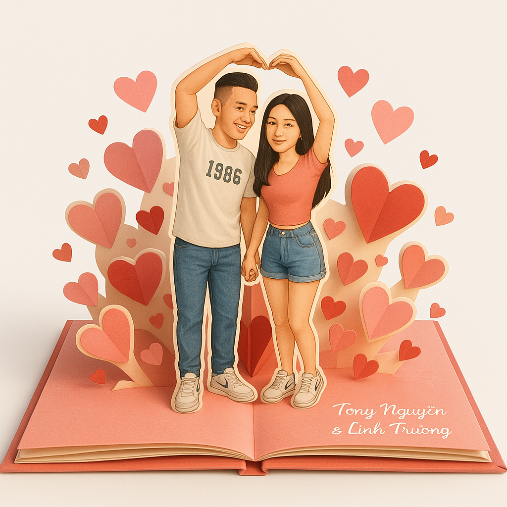 Hình minh họa sách pop-up 3D với cặp đôi Việt Nam nhìn nhau
