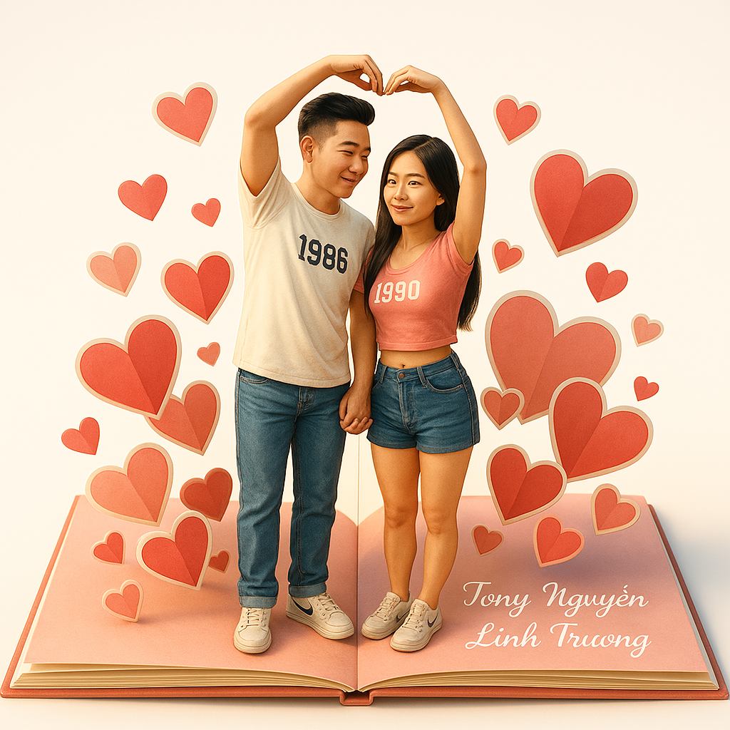 Hình minh họa sách pop-up 3D với cặp đôi Việt Nam nhìn thẳng