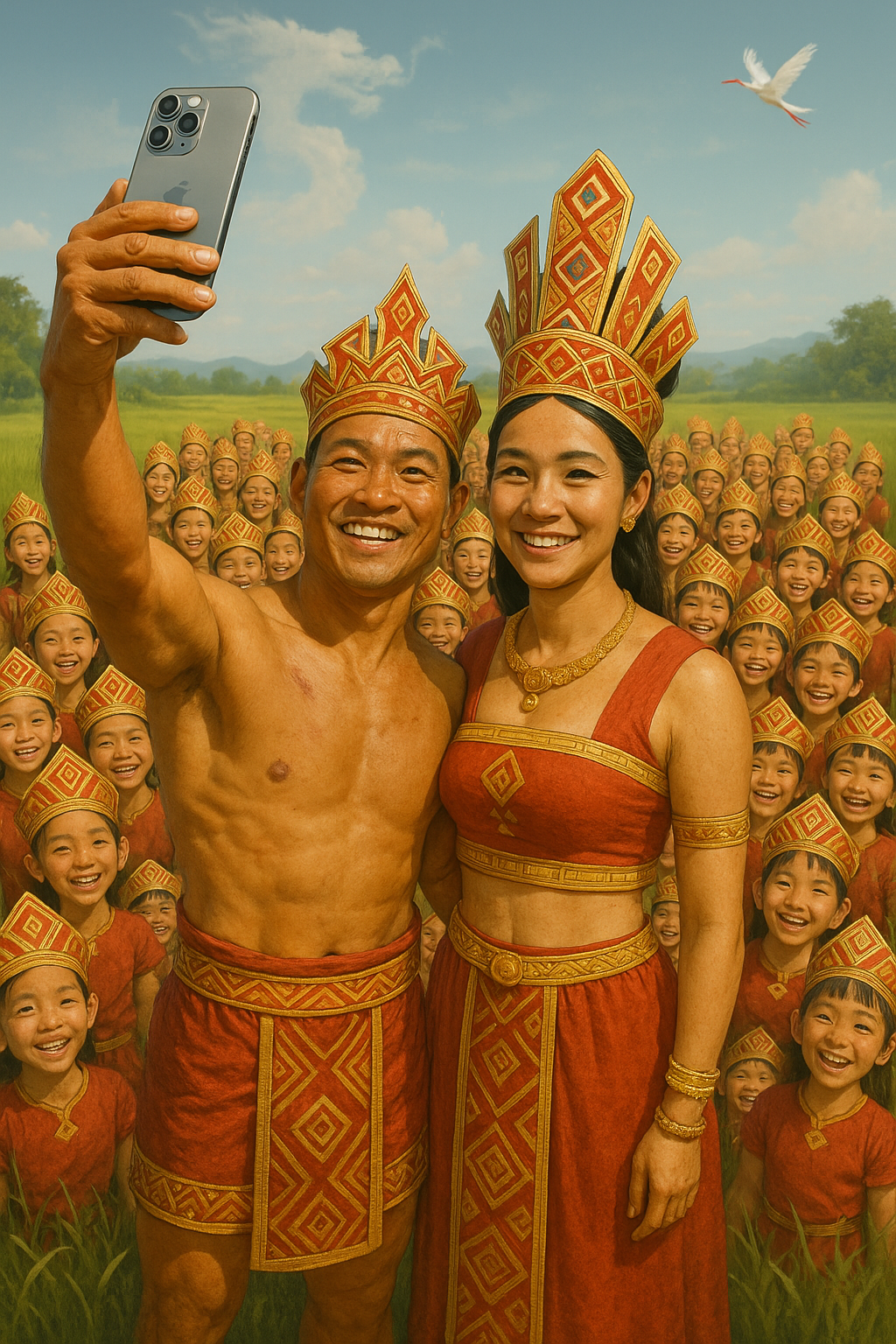 Hình minh họa Lạc Long Quân selfie cùng Âu Cơ và 100 người con