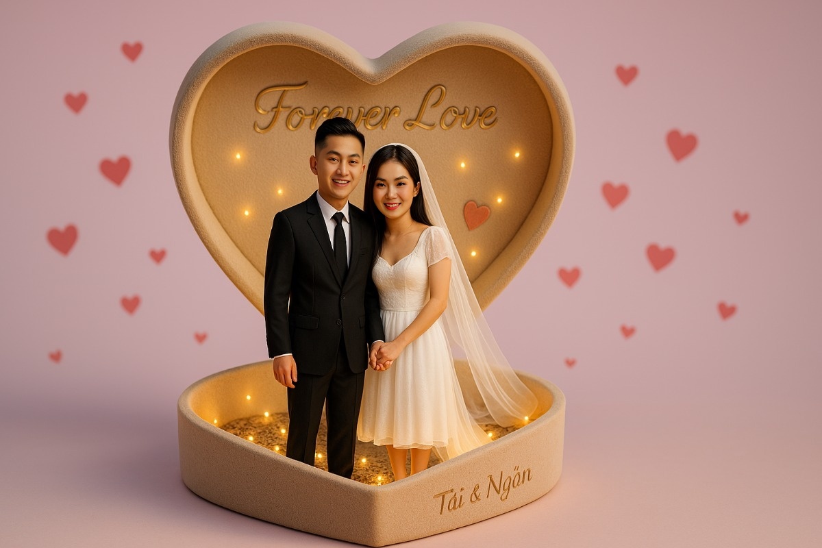 Hình minh họa cặp đôi Việt Nam trong hộp nhẫn hình trái tim